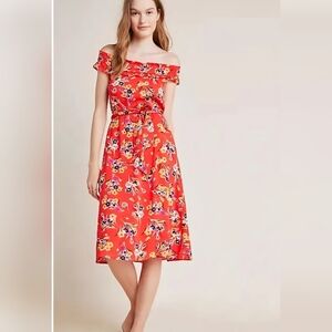 Anthropologie Conversations Red Floral Off Shoulder Smocked Midi Dress US‎ 6